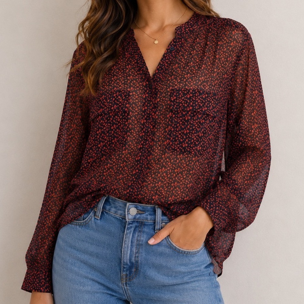 Talbots Petite Sheer Blouse 4P Red Black Animal Print Utility Shirt Workwear